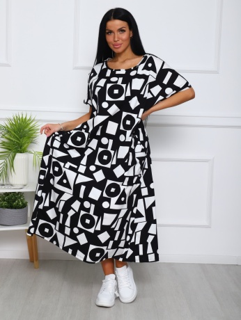 Платье женское черно-белое, узоры, большие размеры