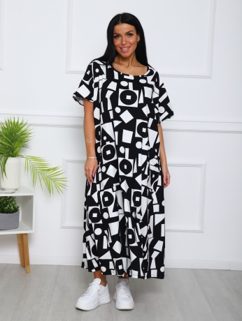 Платье женское черно-белое, узоры, большие размеры