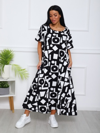 Платье женское черно-белое, узоры, большие размеры