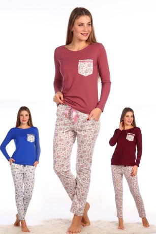 Пижама женская джемпер однотонный и брюки в цветочек