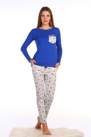 Пижама женская джемпер однотонный и брюки в цветочек