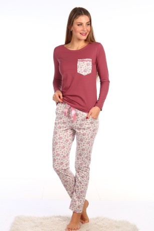 Пижама женская джемпер однотонный и брюки в цветочек