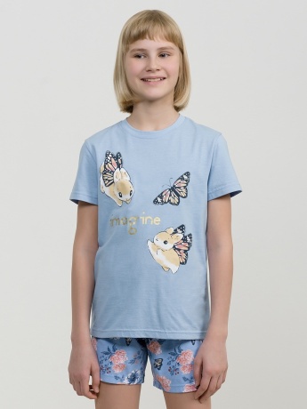 Комплект для девочек голубой с зайками и бабочками (рост 116-146)