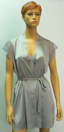 Халат женский серый из искусственного шелка рукав-крылышко с кружевом