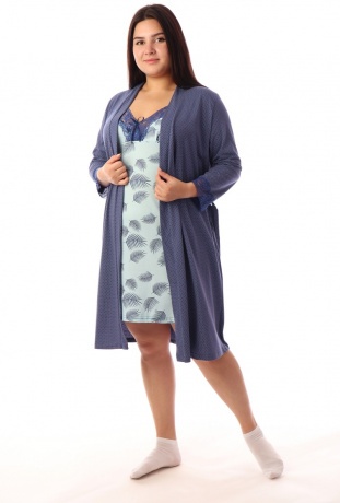 Комплект женский синий с кружевом (халат и сорочка)