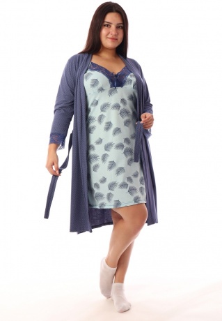 Комплект женский синий с кружевом (халат и сорочка)