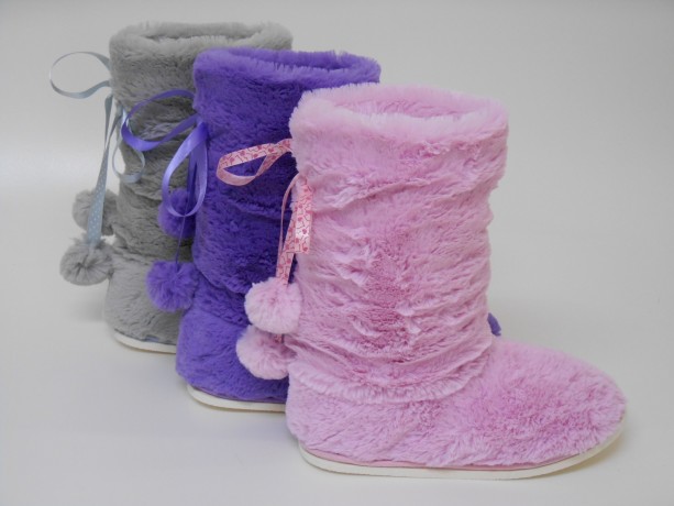 Женские угги искусственный мех с помпоном на атласной ленте