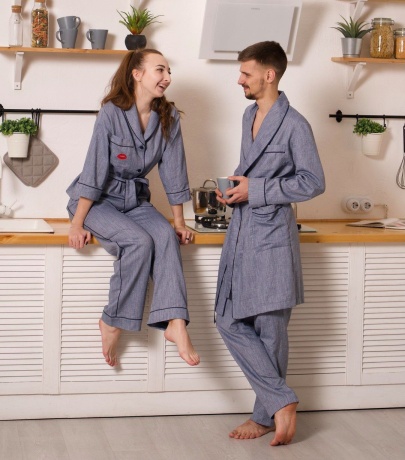 Хлопковый трикотажный халат мужской серо-голубой