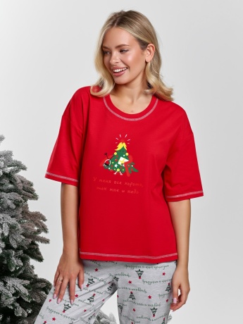 Новогодняя пижама family look Праздник-3 красный