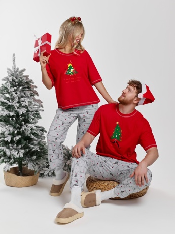 Новогодняя пижама family look Праздник-3 красный