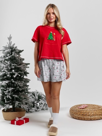 Новогодняя пижама женская family look Праздник-4 красный