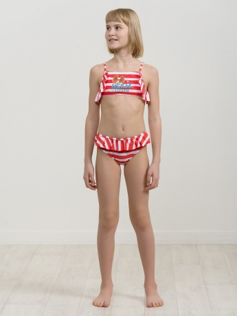 Купальный костюм для девочек красный в белую полоску (рост 116-146)