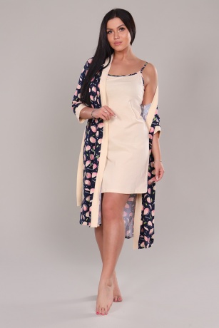 Пеньюар женский бежевый, халат и сорочка