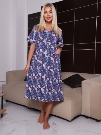 Халат женский синий с цветами на пуговицах