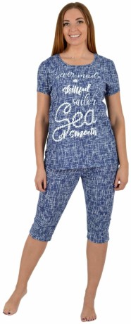 Комплект женский синий удлиненная по спине футболка с надписью и бриджи