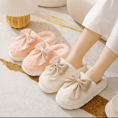 Женские тапочки Плюшевые, с бантиком, резиновая подошва
