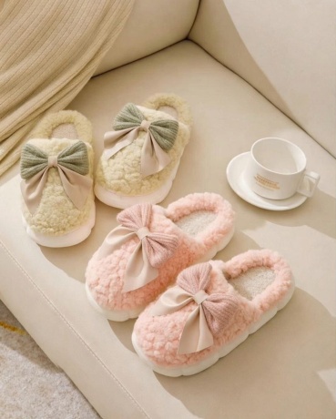 Женские тапочки Плюшевые, с бантиком, резиновая подошва