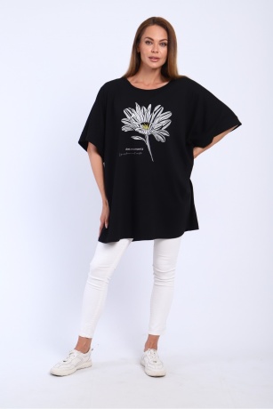 Футболка женская черная с цветком, большие размеры