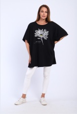 Футболка женская черная с цветком, большие размеры