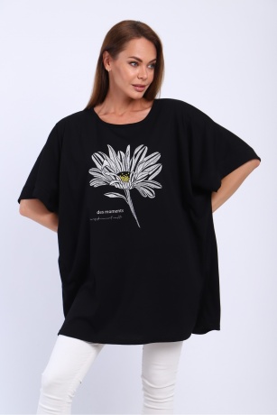 Футболка женская черная с цветком, большие размеры