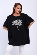 Футболка женская черная с цветком, большие размеры