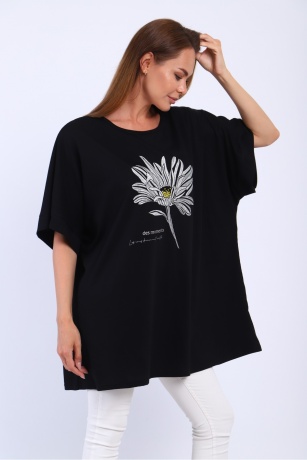 Футболка женская черная с цветком, большие размеры