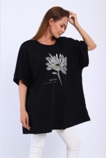 Футболка женская черная с цветком, большие размеры