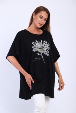 Футболка женская черная с цветком, большие размеры