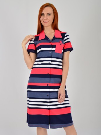 Халат женский удлиненный с воротником в яркую полоску на пуговицах