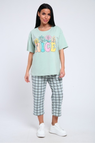 Костюм женский голубой, цветы, большие размеры