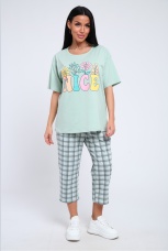 Костюм женский голубой, цветы, большие размеры