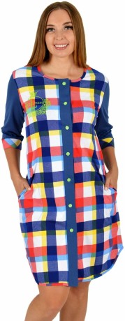 Халат женский синий на пуговках в яркую клетку