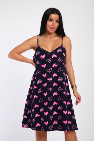 Сорочка женская черная, сердечки, на тонких бретелях