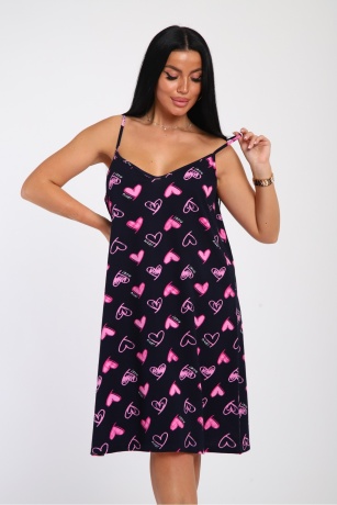 Сорочка женская черная, сердечки, на тонких бретелях