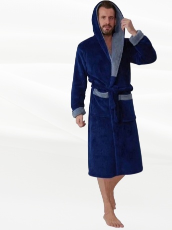 Халат мужской из велсофта,  синий с капюшоном
