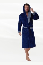 Халат мужской из велсофта,  синий с капюшоном