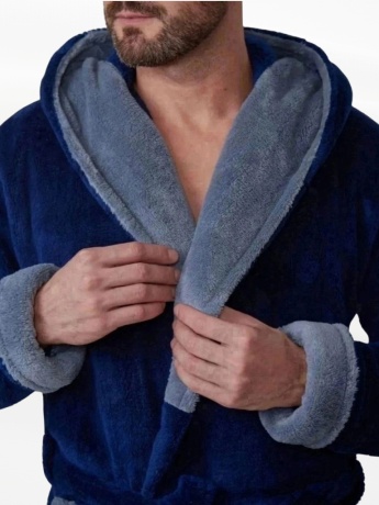 Халат мужской из велсофта,  синий с капюшоном