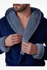 Халат мужской из велсофта,  синий с капюшоном