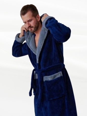 Халат мужской из велсофта,  синий с капюшоном