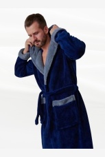 Халат мужской из велсофта,  синий с капюшоном