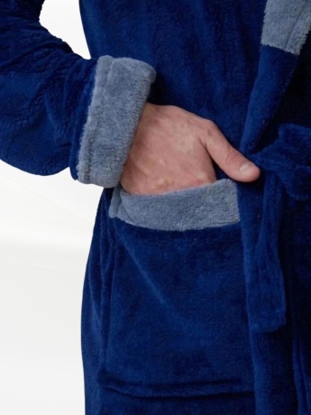 Халат мужской из велсофта,  синий с капюшоном