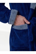 Халат мужской из велсофта,  синий с капюшоном