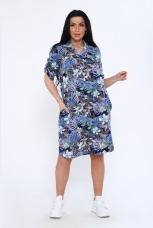 Халат-рубашка женский, темно-синий с цветами