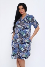 Халат-рубашка женский, темно-синий с цветами