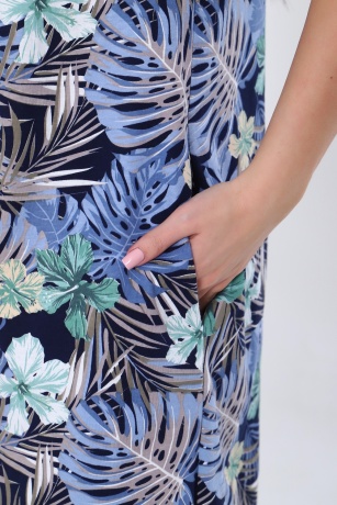 Халат-рубашка женский, темно-синий с цветами