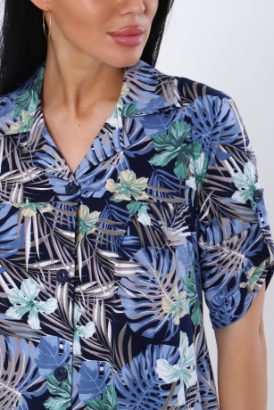 Халат-рубашка женский, темно-синий с цветами