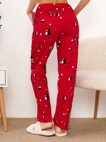Брюки женские красные с пингвинами