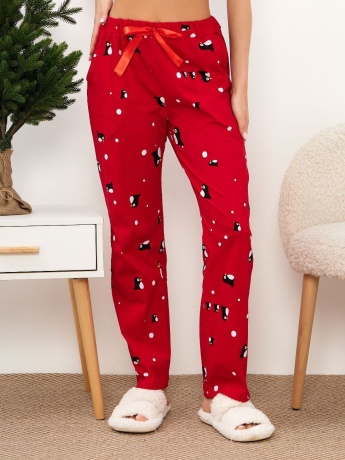 Брюки женские красные с пингвинами