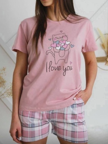 Женская пижама розовая, с котом