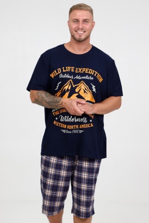 Костюм мужской темно-синий с шортами в клетку